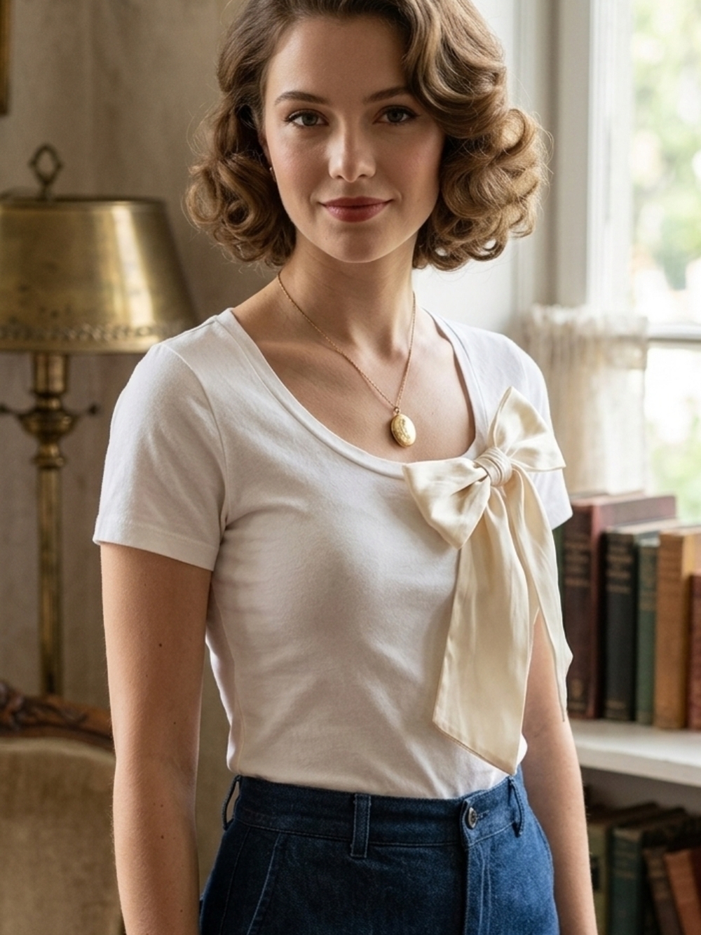 Chic Cream Bow Accent Women's Tee